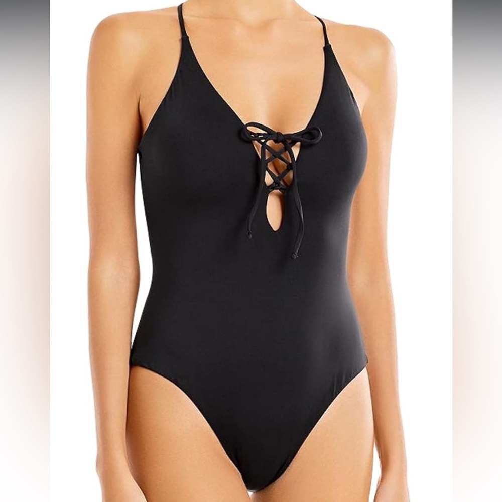 Aqua Swim Lace up Plunge‎ One Piece Swimsuit-Black Size XS NWOT